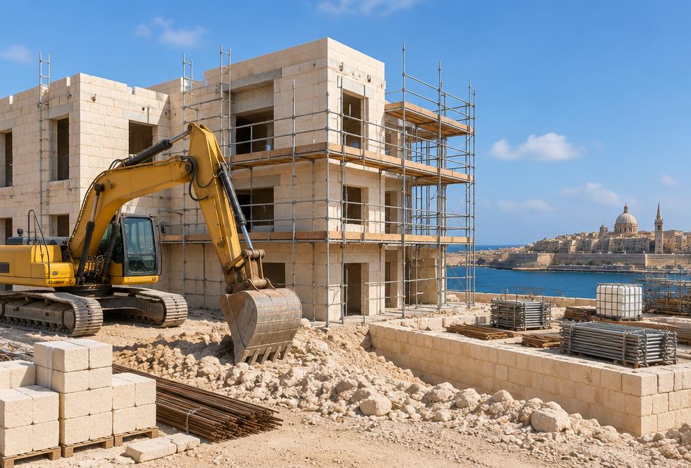 Building site with excavator and scaffolding